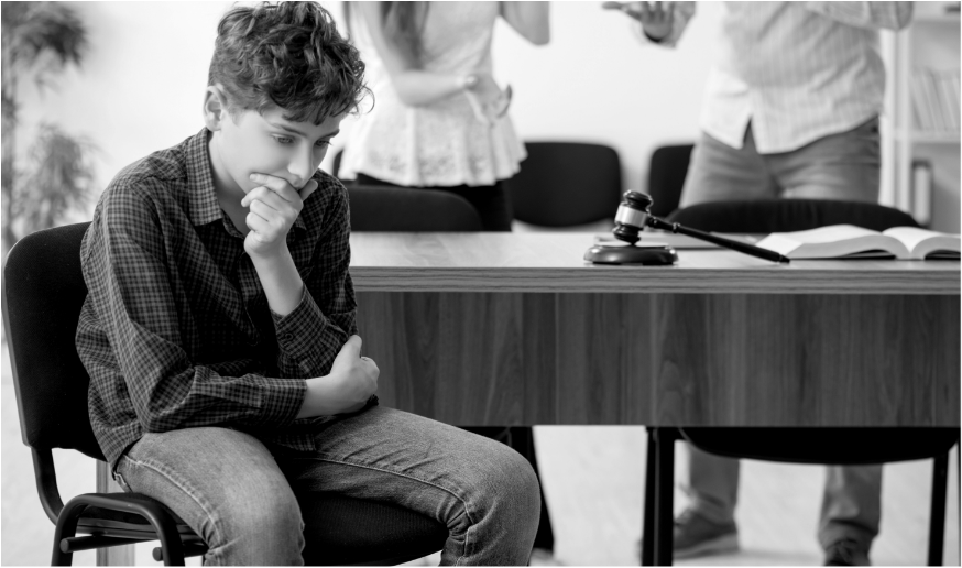 couple arguing behind a child sitting in chair